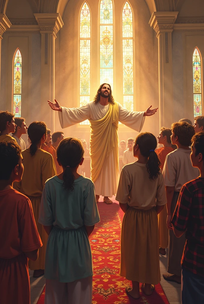 Our Lord Jesus Christ is behind the back of a young catechist who is teaching children about the Bible