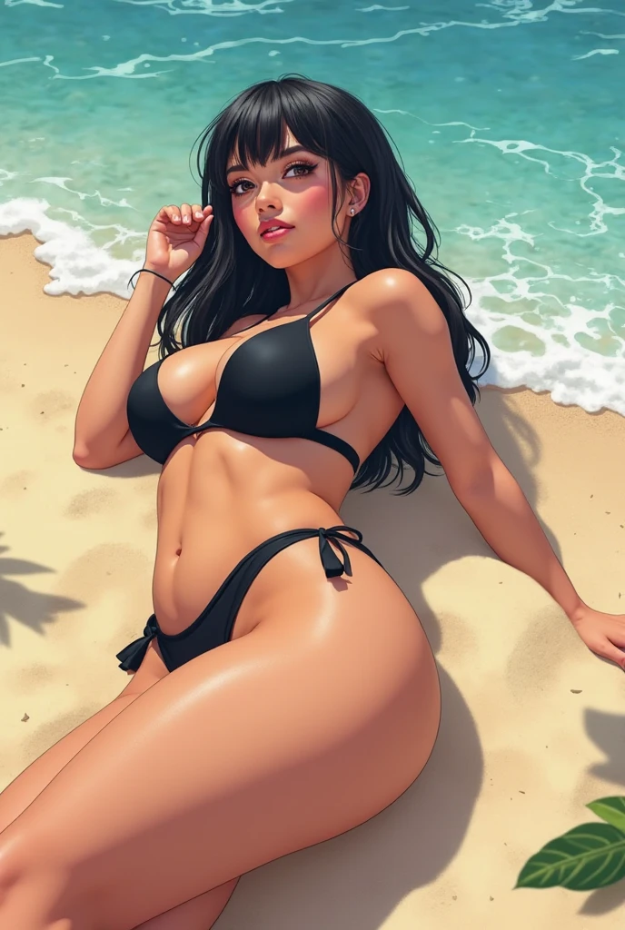 kim kardashian, ((Beautiful)), hourglass figure, enormous breasts, brown eyes, black hair, seductive face, (bikini), beach, masterpiece, best quality, ultra detailed, realistic