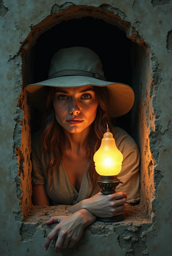 "((hyperrealistic, photorealistic, 8k, intricate details)), ((front low angle image)), 1 a beautiful archaeologist with blue eyes and brown hair, full breasts, thick thighs, silky skin, sweaty face, sweaty (damp) body, wearing a beige safari hat, a beige short-sleeved shirt and a pair of jean shorts, boots, with an apprehensive feature on her face ((very detailed face)) is crouched walking through a mysterious and dark chamber of an ancient pyramid,  lit only by little melted candles on the ground, in the corners."