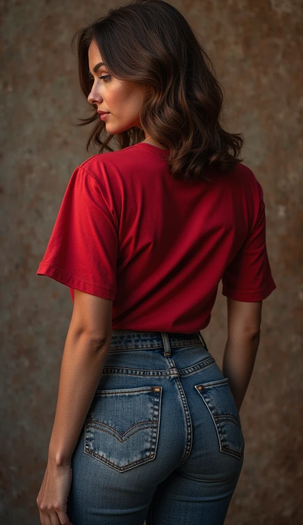 photo of 24 y.o beautiful woman, a woman wearing a red t - shirt and beige pants, posing for picture, dark red hair, long hair, ((back view)), short sleeves, plain red t shirt, sunlight, akihabara district background, ((perfect eyes)), ((perfect anatomy)), non-nfsw, little ass