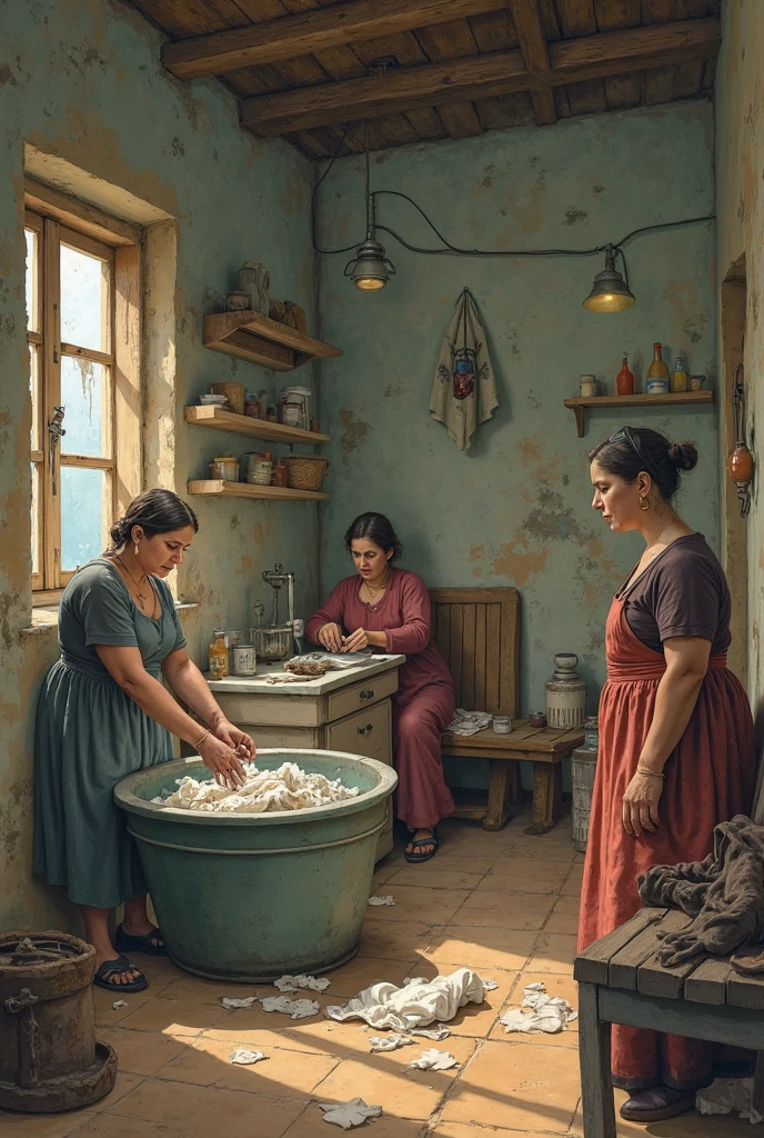 Images of half-naked women washing clothes in an unkempt courtyard, with deteriorated or dirty walls, that show the harshness of everyday life in these spaces.