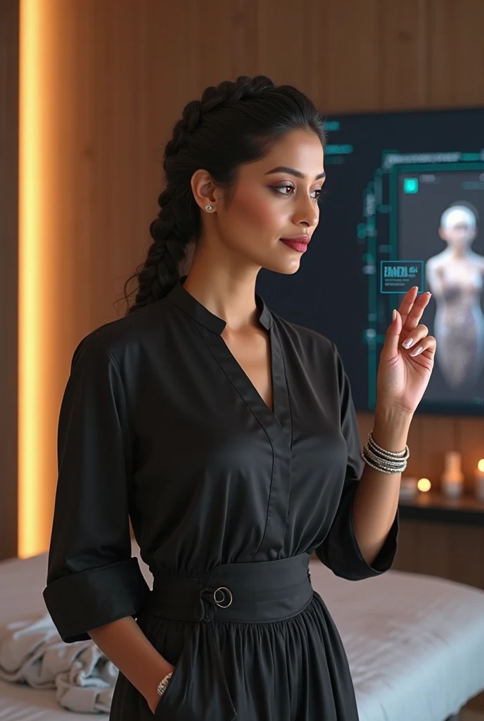 Vestida de terno feminino, in a luxurious office, sentada em uma mesa com notebook, falando ao celular, coffee machine next to a sculpture on a countertop in the background, quadros e diplomas na parede,