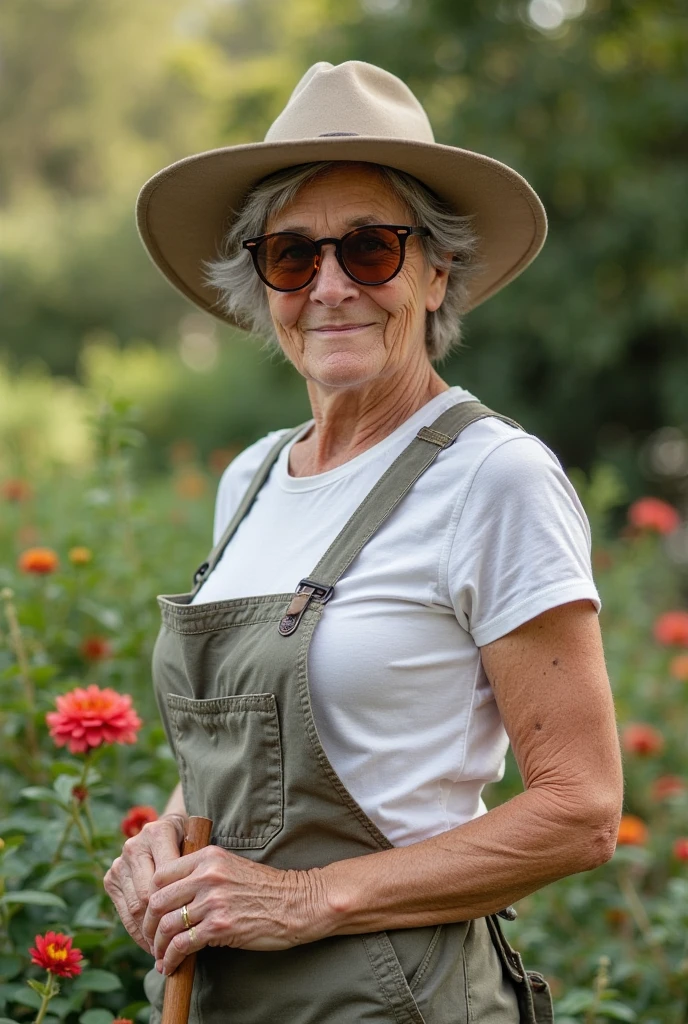 ((best quality)), ((masterpiece)), (detailed), perfect face elderly woman walking through her food plot while smiling at the camera 