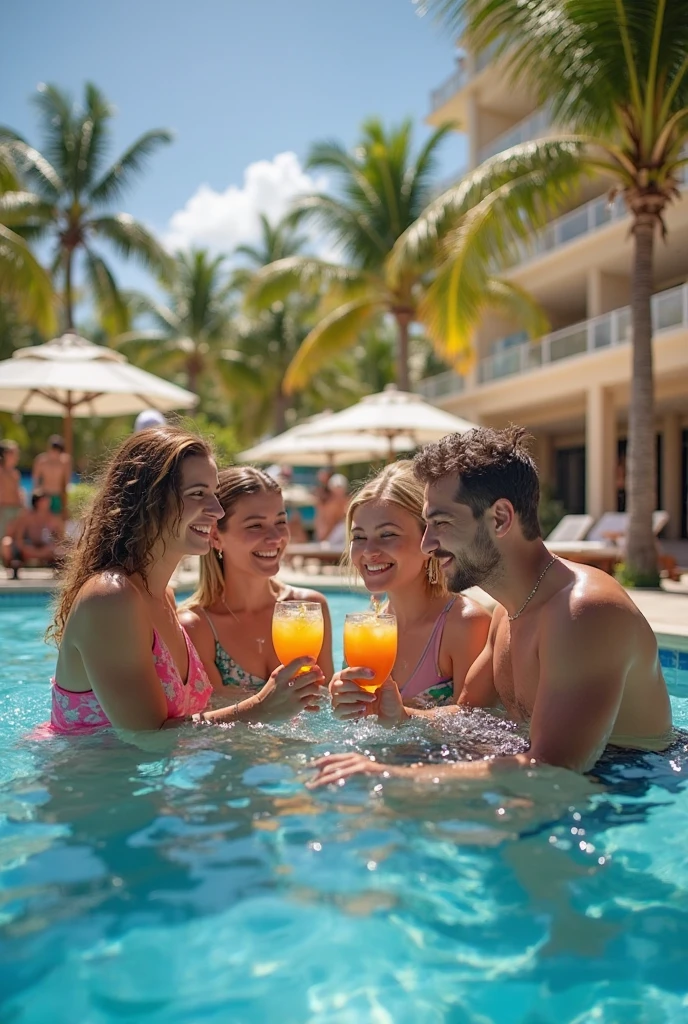 SFW scene of a pool party with blue water, beautiful lawn, strong sun, tables with colorful umbrellas, beach chairs and sun loungers with people lying down wearing swimwear and sunbathing, some people are having tropical drinks, plastic floats inside the pool colorful, in the water children playing with floats, masterpiece, high quality, niji:10