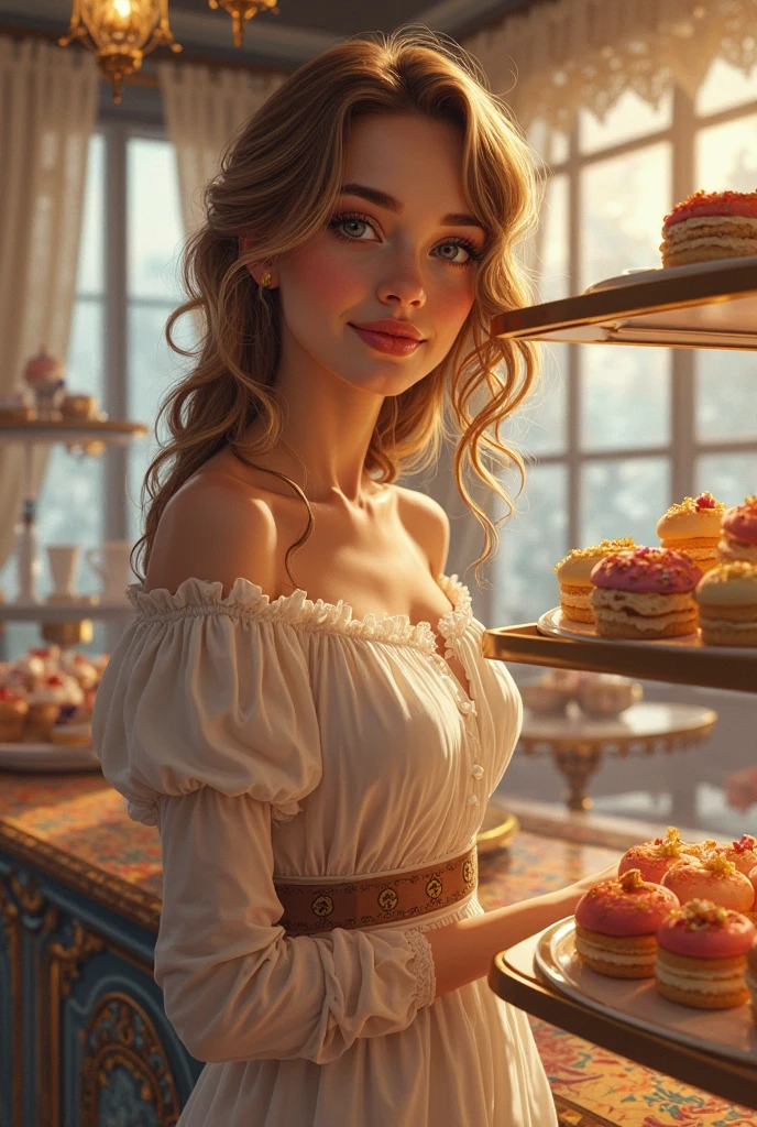 digital painting, shy smile, 1girl, woman, (wispy Roma:1.3) cute angel, [:skimpy costume design,:0.2], bombshell hair, auburn hair, Chignon, hourglass figure, caucasian, well-lit interior, in a Raw bakery<lora:EnvyStarlightMoonrise01:1>