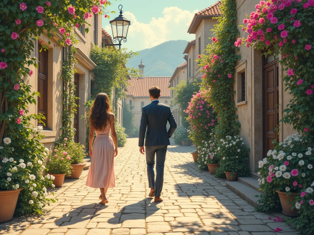 (((a boy and a beautiful girl in their twenties))),(in France), in love, romance, (Everyone Smiling), (Beautiful Sky),(Gentle Wind),(More Greenery),(Less People: 0.8),(((back shot))),(((full body)))