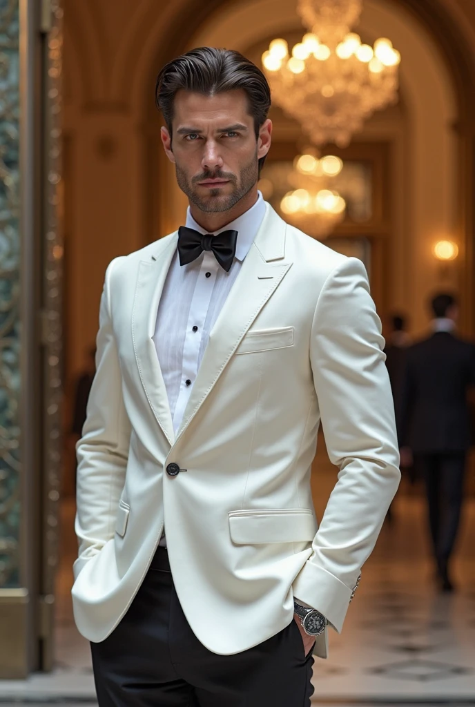 A Navy Admiral, muscular, with white suit, samurai