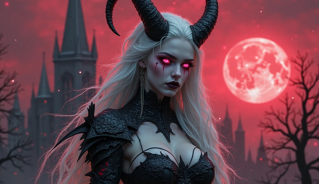 A cinematic shot of a dark fantasy portrait of a seductive succubus named Lady Venus. She has striking white hair that fades to black at the ends and adorns her forehead. Wings with a vibrant red center frame both sides of her head. Her unique eyes. The background showcases a dark, gothic architecture. The overall composition is illuminated by dramatic lighting. This portrait is a masterful combination of photography, 3D render, and artistic elements.