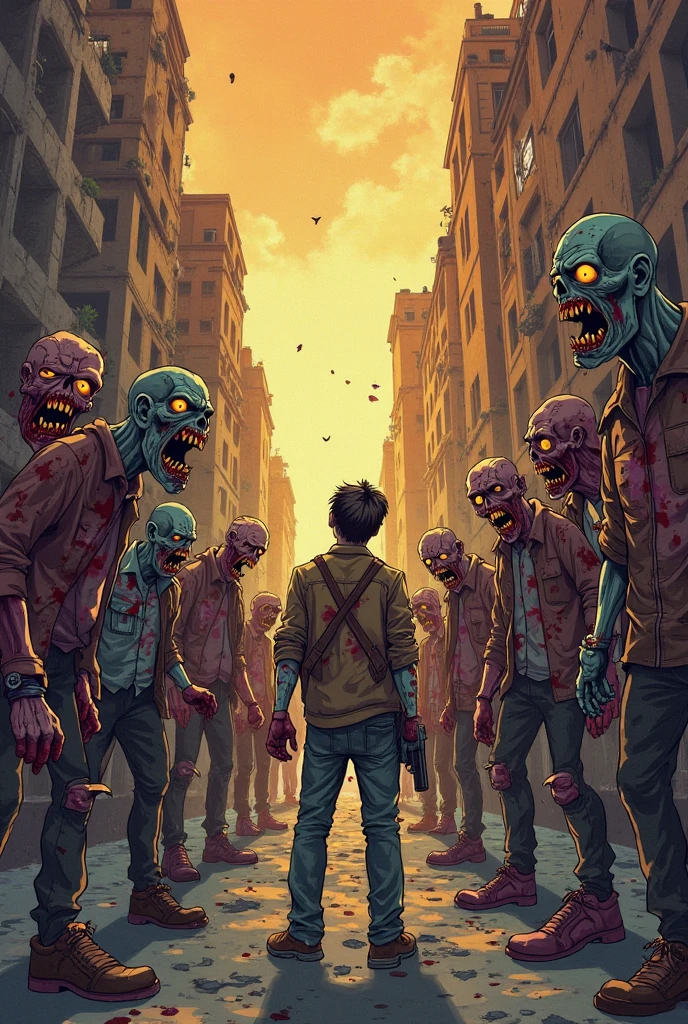 (BEST QUALITY), (MASTERPIECE), illustration, Extremely_detail, 4k wallpaper , midnight, man,black hoodie parka, blue jeans, 18 years old , brown Hair, short hair, black eyes, Carrying a pan, smart, Background of the city, Zombies