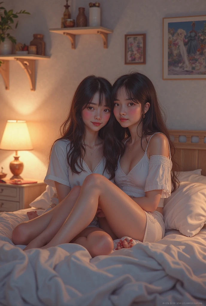 A girl in underwear exchanges milk with another girl in underwear through her mouth