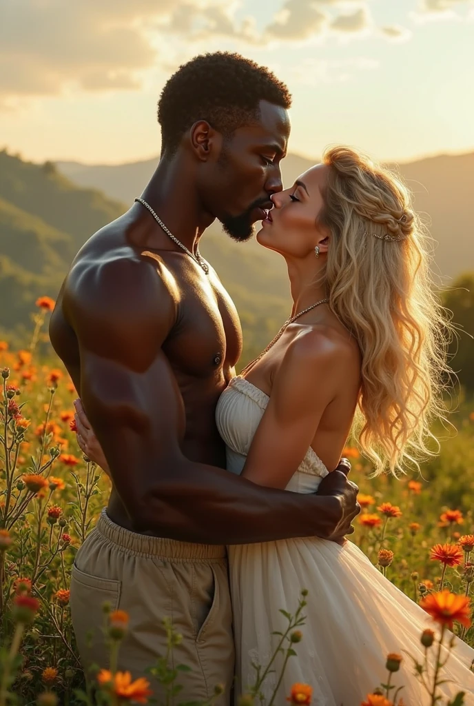 "A blonde woman, dressed in a short, sheer sundress and loose hair cascading down her shoulders, sitting in the grass pruning the flowers in her garden showing her veiny feet strong legs and her breast nipple to a fit build black man standing in front of her"