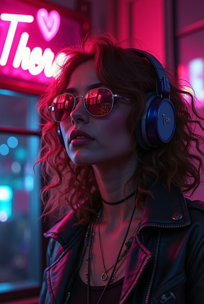 chestnut hair . beautiful woman with curly hair and sunglasses wearing big headphones - headset or dark room surround neon cyberpunk at night coordinator neon glow