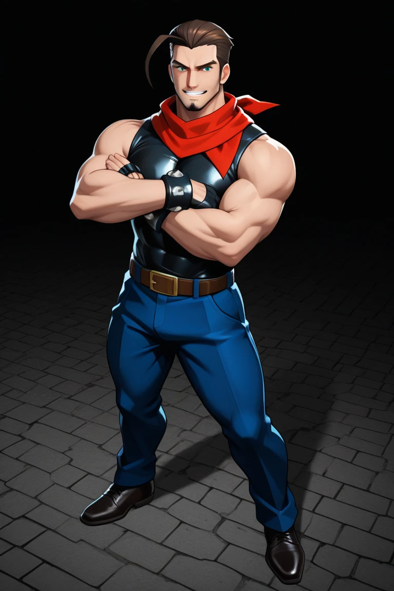 Solo, female, standing, ((muscular, giant, tall, massive, enormous, gigantic, huge, buff, muscular, biceps)), big breasts, red alligator, large head, big jaws, By bebebebebe, by buta99, by chunie, by sonsasu, by danza, alleyway, red skin, baggy cargo pants, loose tank top, cleavage, sideboob, cloak, pullove, coat, Magic leather armor breastplate, intricate legendary armor, gladiator sandals, ankle guards