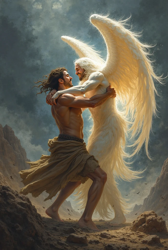 Biblical character Jacob wrestles with an angel who wounds him in his thigh