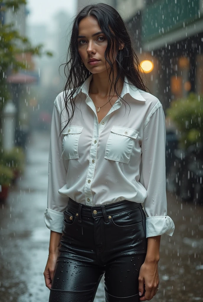 (Photoreal:1.5, 8K, highest quality:1.3, masterpiece, ultra high resolution), ((Typhoon heavy rain)), Highly detailed skin and facial textures:1.3, perfect dynamic composition:1.2, (Modern city at night, In front of the supermarket at night, expression of sadness:0.7), Tears are flowing:0.7, cry with a broken heart:0.7), Slim office lady wet in the rain:1.2, cowboy shot, Fair skin:1.2, sexy beauty:1.1, perfect style:1.2, beautiful and aesthetic:1.1, very beautiful face:1.2, water droplets on the skin, (rain drips all over my body:1.2, wet body:1.2, wet hair:1.3), (Holding a wet shopping bag:1.2, Wearing wet casual clothes:1.3), belt, (Medium chest, Bra see-through, Chest gap),  (Big eyes that exude beautiful eroticism:0.8, adult charm:0.8, Bewitching:0.8), necklace, earrings, bracelet, wedding ring, Highly detailed and accurate hand and finger representation