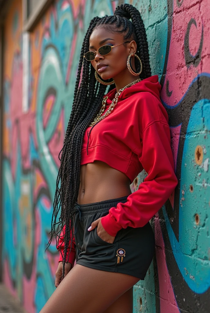objective, dark skin Woman Goddess with tapered tiny waist, sweater dress with neon leggings, 8K UHD, thick feminine curvature in lower body, immaculate jewelry, stunning volumetric ffog, no nudity, cellophane couture, Versace, Gucci, high details, face like Angela Bassett × Megan thee Stallion, brightly lit face, long neon braids with silver highlights, no nsfw