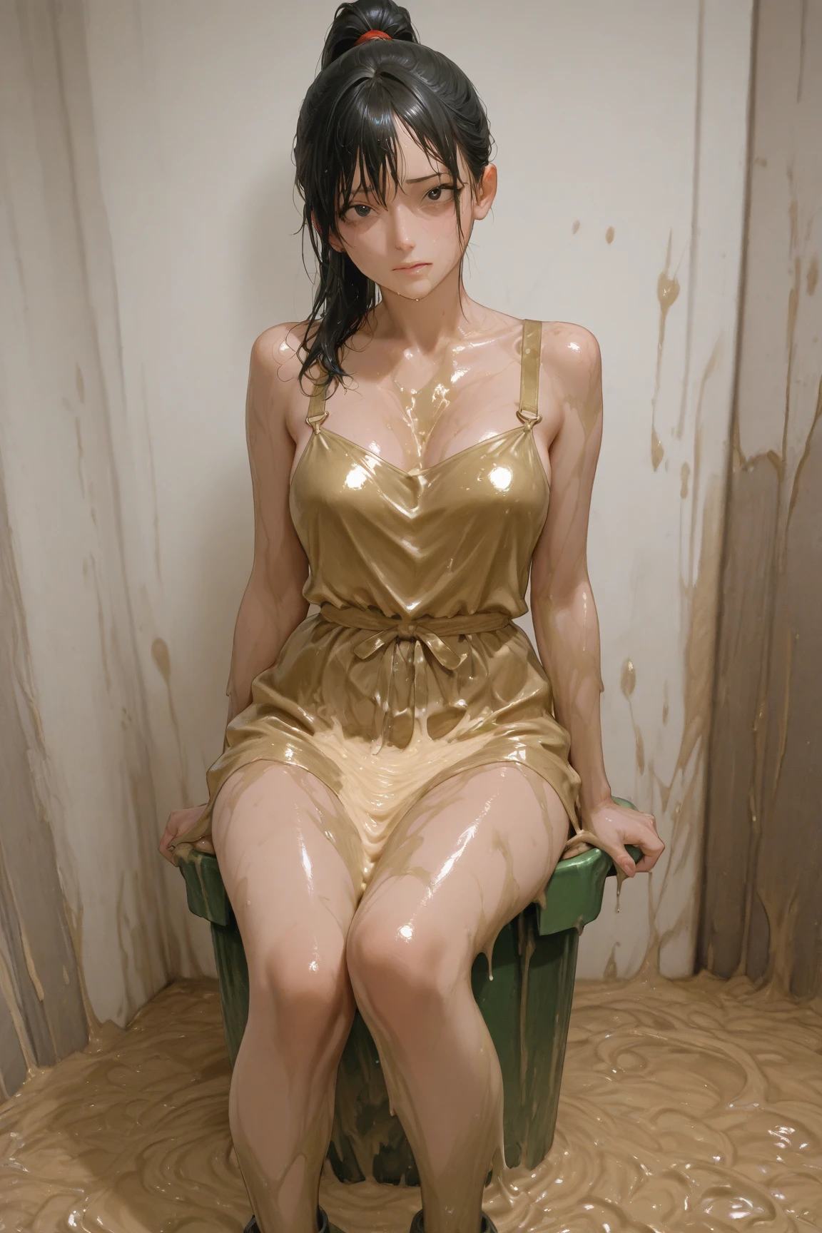 Ulzzang-6500-v1.1,  (RAW Photos:1.2), (Photorealistic), (Pieces fly), (Genuine:1.4), Age 35、１With a girl、1 Princess、(alone:1.1)、(1 photo:1.1)、(Girly and cute luxury light pink princess dress:1.2)、(Cute big ribbon on the chest:1.1)、(The most extravagant and luxurious giant princess tiara:1.1)、(Huge Jewelry:1.1)、(The most luxurious and finest giant princess jewelry necklace:1.1)、(A luxurious princess dress with intricate jewellery details:1.2)、(Very intricate and detailed lace decoration:1.1)、(A very intricate and elaborately decorated dress:1.1)、(The most extravagant princess dress with cute frills and ribbons:1.1)、(The most gorgeous Lolita princess dress with lovely lace decoration:1.1)、(Cute girly lolita wavy hair:1.1)、(short:1.1)、(height: 168cm:1.1)、(Very large face and larger breasts:1.85)、Lots of cute frills、Accentuate your body lines、Slender body、Standing Elegantly、(Beautiful and luxurious palace entrance background:1.2)、(very bright and vivid:1.1)、(Bright and shiny dress:1.2)、Standing Elegantly、Accurate anatomy、Perfect Makeup、Long eyelashes、Glossy lips、Ultra HD glossy skin、(Ultra-high resolution, bright and beautiful skin:1.3)、Ultra-high definition glossy lips、Ultra-high resolution beautiful teeth、Ultra HD beautiful light brown hair、(Body facing forward:1.1)、(Front view:1.1)、Erotic gaze, (Very sexually excited face:1.45)、 ((Full body shot covered in mud:1.66))、((Swamp Room))、Sitting directly on the mud, legs wide open, seducing erotically、((泥に汚れたGirly and cute luxury light pink princess dress:1.75)), Ultra-realistic skin texture、Shiny skin
