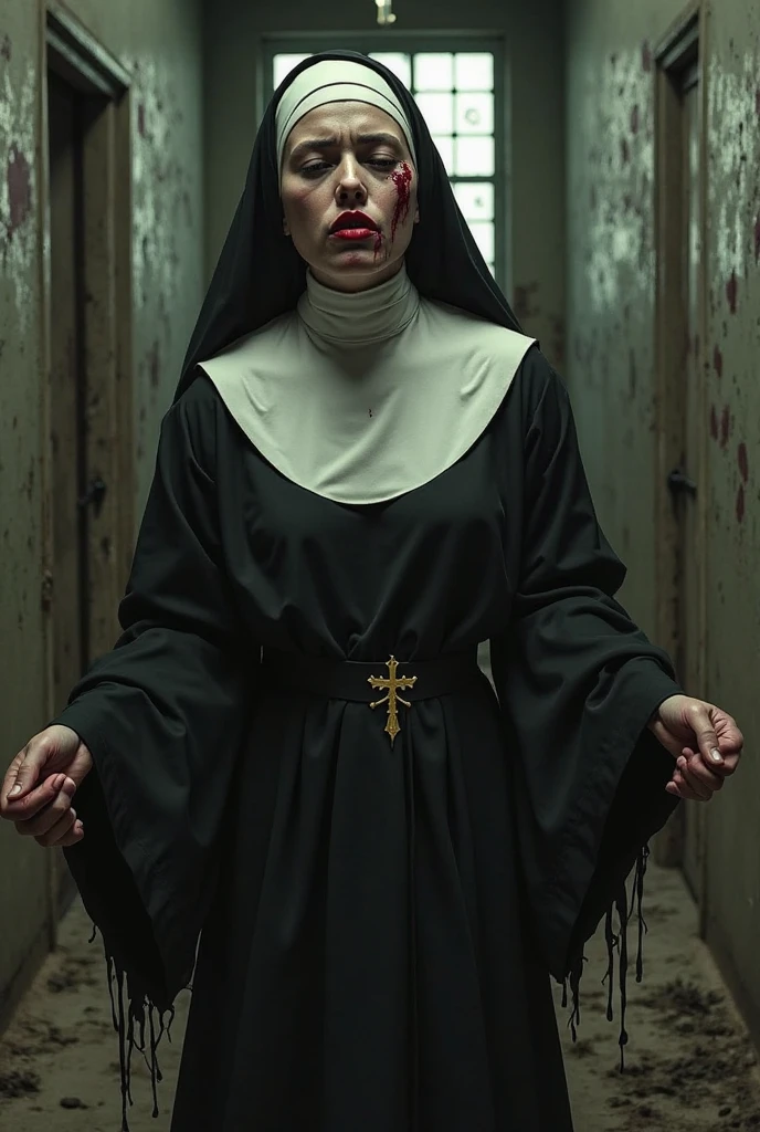 a very bad nun, detailed face, beautiful detailed eyes, beautiful detailed lips, extremely detailed face, nun's outfit, formal black dress, nun's hat, dark and gloomy atmosphere, high contrast, dramatic lighting, cinematic, chiaroscuro, dark fantasy, dark art, gothic, horror, dramatic, mysterious, moody, somber, muted colors, desaturated, eerie