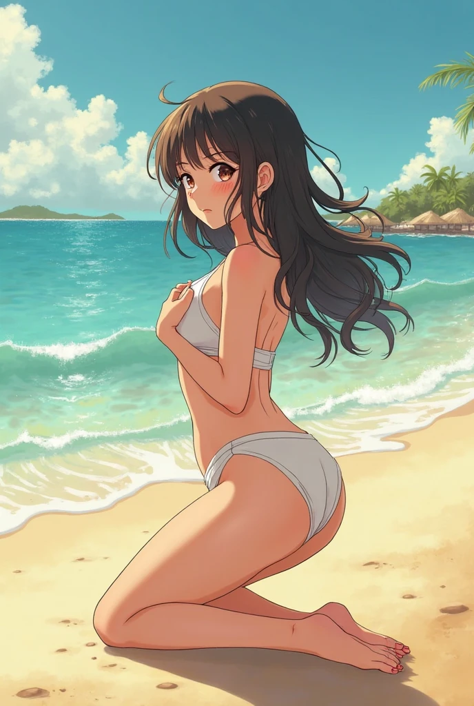 1 chica, , pechos diminutos, very small breasts, pelo negro, Cara seria, pelo largo, flequillo recto, bikini amarillo, playa, de pie, desde abajo, gran trasero, sensual