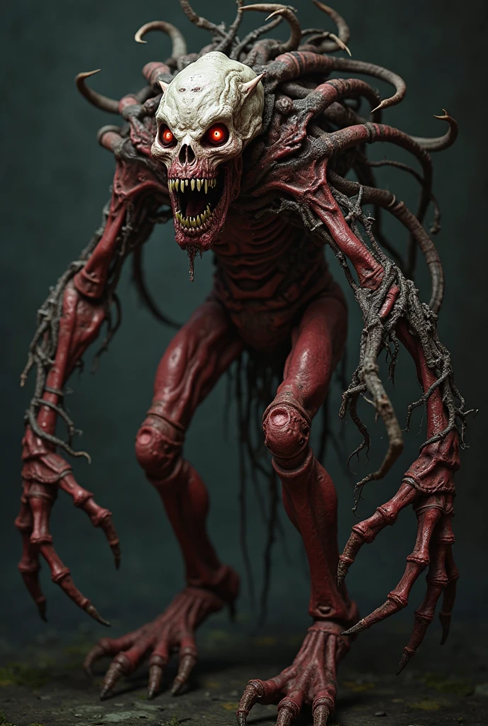 A bizarre, unsettling scene of a reality constructed entirely from meat, flesh, organs, and blood. The landscape is a grotesque mix of limbs, entrails, and veins that form a twisted, nightmare-like environment. Distorted humanoid figures made of flesh and blood are seen wandering through this macabre world, their expressions a mix of horror and confusion.
