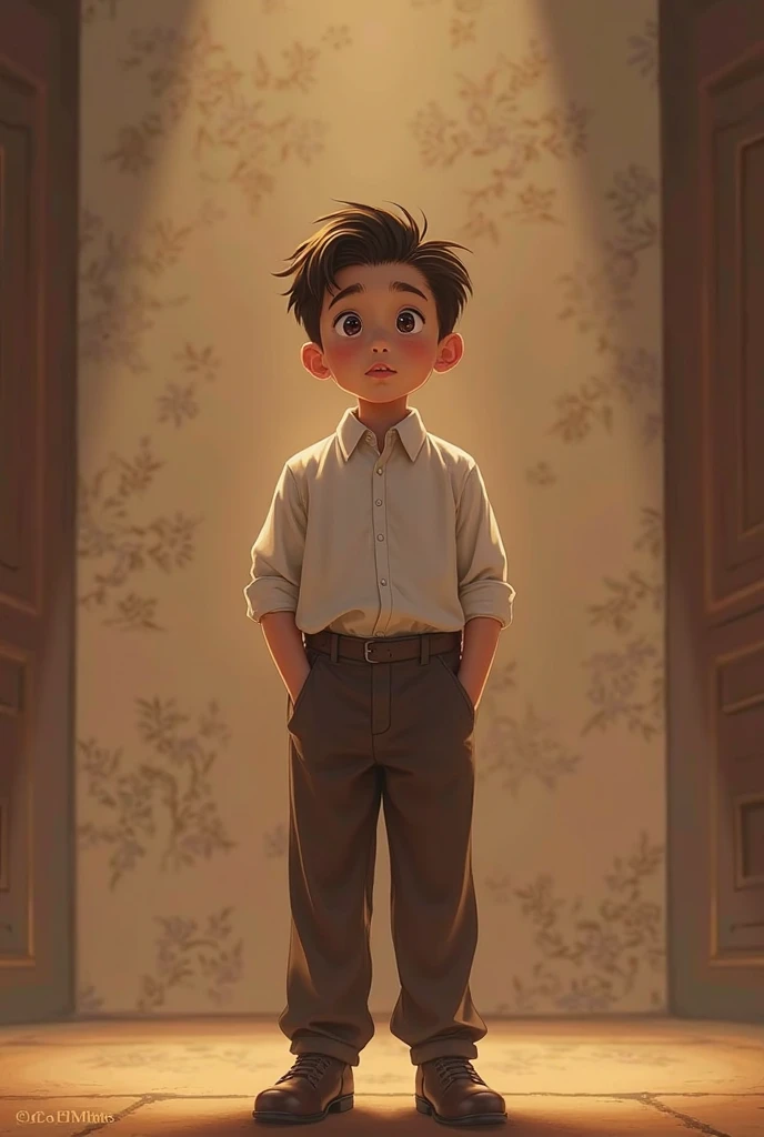(masterpiece, best quality), 1 Boy, Around 11 years old,Dark brown messy short hair, Black eyes,Small Breasts, clever,Fair skin,High IQ,High emotional intelligence,Love music and have a strong academic temperament,Very loose round neck long sleeve long shirt in light-colored cotton and linen fabric. Loose-fitting linen shorts, only, Standing, Relaxed looking at the camera.