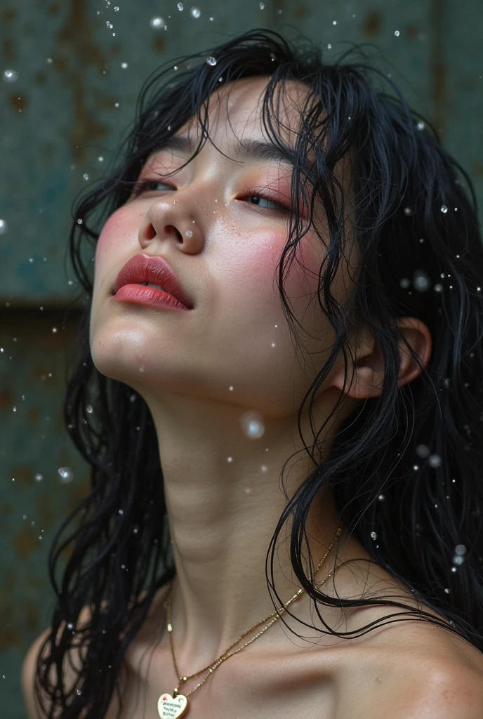 Beautiful Japanese wife, Early 30s, Dark brown hair, White lace bra, Black jacket, Close your eyes, lying on the road, Heavy rain, Wet hair, Wet face, Wet, Wet clothes