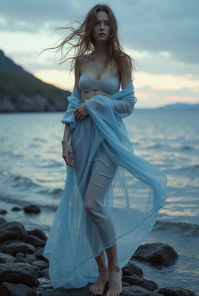(masterpiece, of the highest quality), ((A girl, alone, by the wide)), ismael_Should, innocent look, bare arms, exposing shoulders, bare neck, Watercolor, fog dress, liquid clothing, Water, Ola, Water dress, green_him, evening, Hoar, Dark, sharp focus, ocean, Transparent dress, (Without trousers:1.4), ((naked under the dress:1.5)), Orange hair, full body photo 1.5 ((running with his back to the camera:1.4))
