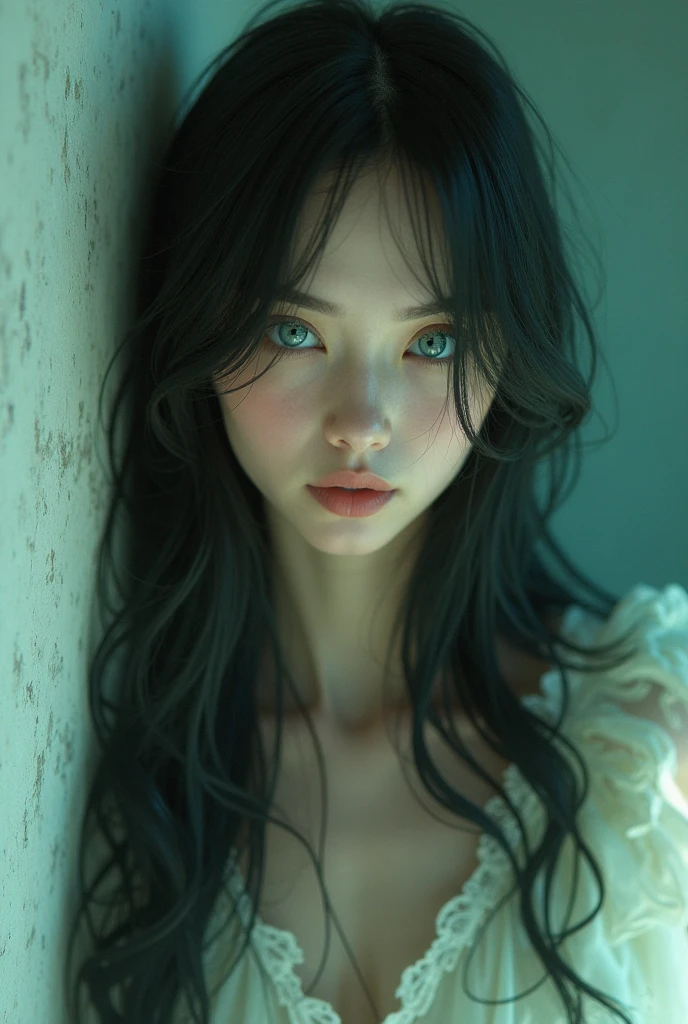 A sexy male with pretty, delicate facial features, black long hair, and teal blue eyes wearing a maid dress