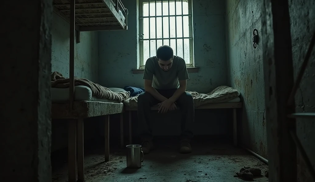 A man is very scared in a secret prison that is very small. There is nothing around. There is only a bed and the writing on the wall is waiting for death.