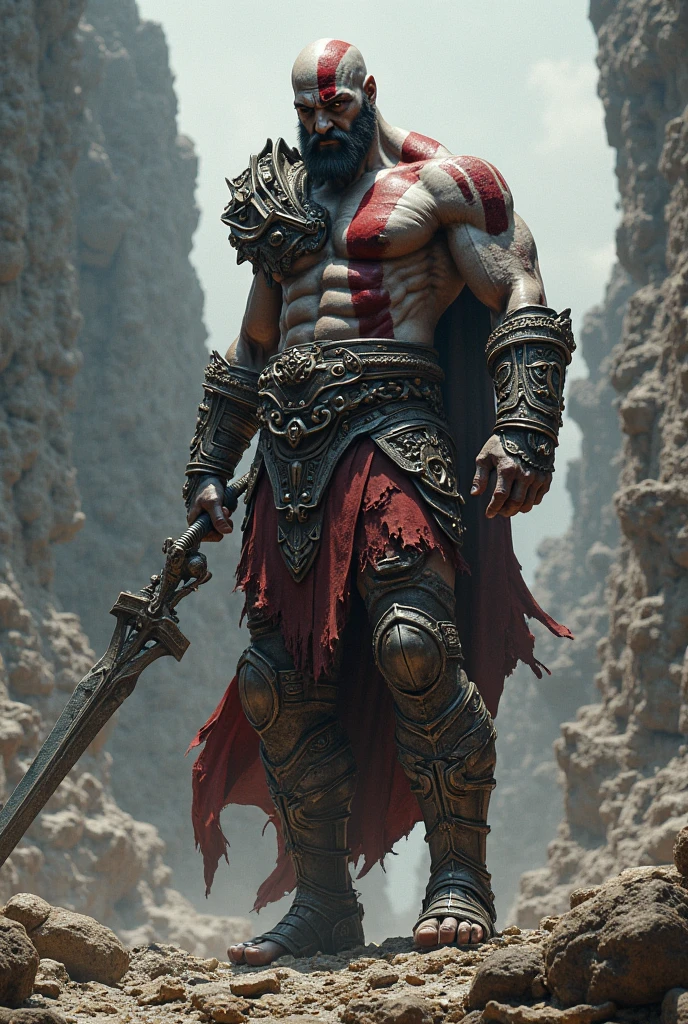 , Muscular, armor broken, destroyed, bruised, wounded, bleeding, dirty, sitting, alone, in a cave, ultra realistic, detailed, Best Quality, Full HD,
