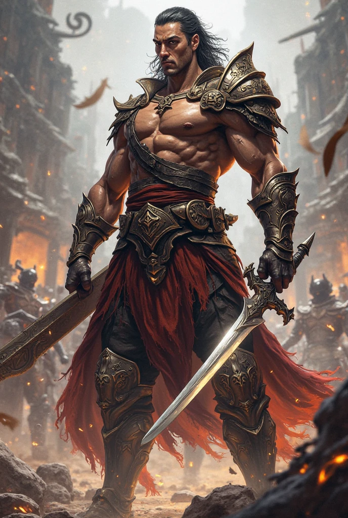A muscular warrior, holding a sword, facing right, stylized fantasy character, 2D game asset, detailed anatomy, dynamic pose, strong facial features, complex armor, elaborate weaponry, intricate details, bold colors, vibrant lighting, photorealistic rendering, 4k, best quality, masterpiece