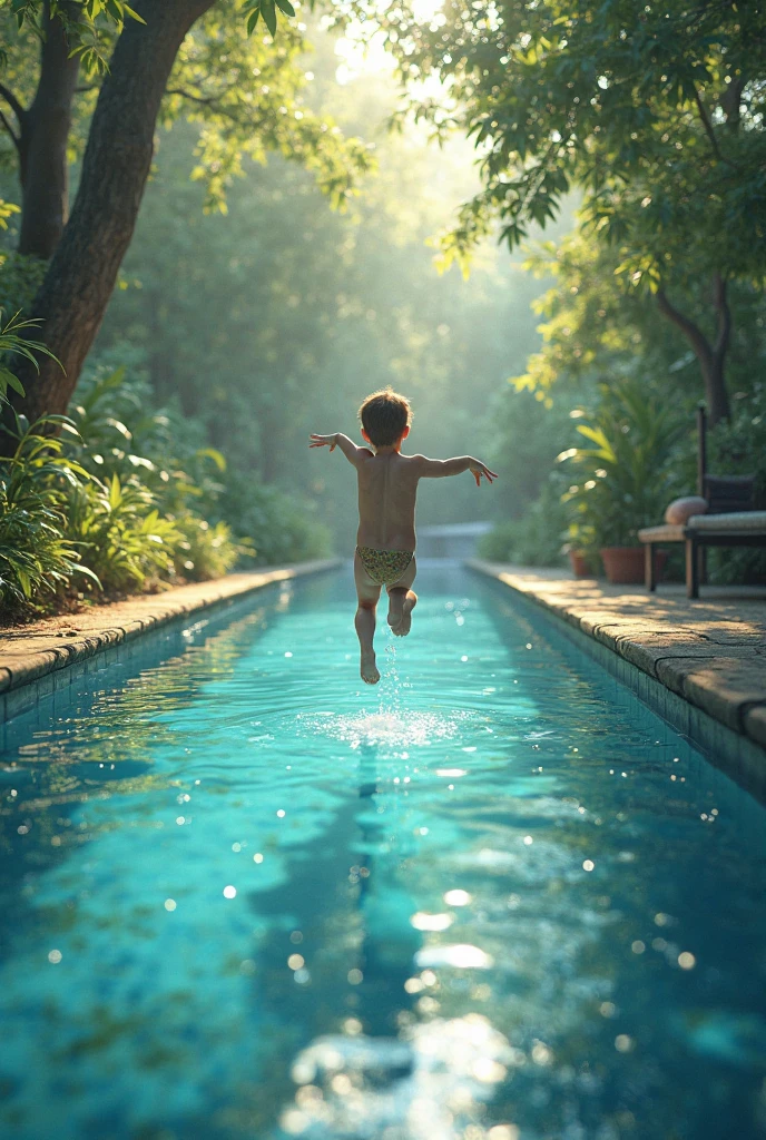 Imagem de um menino numa piscina , participando de um.Swimming fstival , Boy is on the exit block , Taking a Fantastic Leap., blue skies.um.lindo dia de sol e muita gente batendo palma