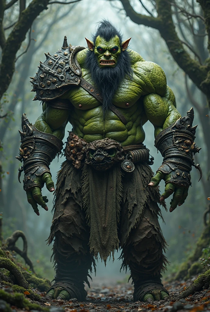 [Core Concept] A powerful and intimidating green-skinned orc warrior.

[Character Description] A towering, muscular orc with long, shaggy hair and a thick beard. His weathered, green-hued skin and imposing physique convey a sense of primal strength and resilience.

[Environment/Background] The orc is outfitted in a rugged ensemble of leather garments, crafted from the hides of various animals. His armor, forged from iron, is adorned with the bones and talons of his vanquished foes, adding an ominous and primal aesthetic.

[Style and Atmosphere] The scene exudes a gritty, ultra-realistic aesthetic, capturing the orc's raw, animalistic power and the harsh, unforgiving world he inhabits.

[Composition] The orc stands tall and imposing, his muscular frame filling the frame and commanding the viewer's attention.

[Details and Embellishments] Every intricate detail of the orc's appearance is rendered with meticulous precision, from the individual strands of his coarse hair to the intricate patterns and textures of his armor and leather garments.

[Technical Specifications] The image is rendered in stunning 8K resolution, allowing for an exceptional level of detail and realism.