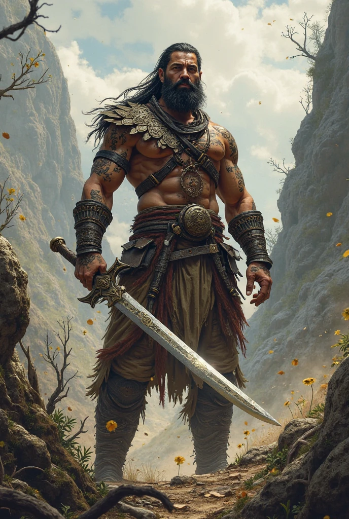 (spearman), ((armed with spear and shield)), spear, shield, long pike, full body, action pose, plate armor, standing on top of the skull pile, torn red cloak, wearing mace on the belt, low angle shot, burning hell background, gray overcast sky with a red tint, unity HDRP, unreal engine, raytracing, ultra detailed, masterpiece art of a warrior, beautiful full body concept art, amazing 8k character concept art, a native american warrior, : native american shamen fantasy, avian warrior, high fantasy concept art, senior concept artist, from pathfinder, concept art character, rpg concept art character, native american warrior arafed warrior with two swords and a feathered headdress, barbarian, picture of an adult male warrior, barbarian warrior, barbarian class, male warrior, warrior outfit, norse warrior, : native american shamen fantasy, indian warrior, male barbarian, tengri, avian warrior, epic fantasy character art, concept art of a warrior, spirit warrior, rpg character (subject is in full frame) 29 yo male as a wizard of marijuana and a likeness of a viking with the smoothness of a samurai. known as willy the great he likes to play outdoors and listen to the sound of nature and smoke marijuana. He cares about his family. Willy the great stands at a Height 5’7” Weight 175 lbs his Body type is average with a curvy figure with a hairy chest. covered in tribal tattoos willys Skin color is tan, his Hair color is Brown well his hair is long and flowing with a beard what is beautiful and elegant well his Eye color is brown, his Eyes are native american shaped and are about average size, he has brown eyes and his Nose is average but his nose is slightly bigger than normal and has a flat bridge. willys Lips are sweet and simple and has a small upper lip and medium bottom lip colored to dark pinkish lips. willys Cheeks are average. His Chin is round and pointed out, his Forehead is average have has lines on the forehead. Eyebrows light brown eyebrows