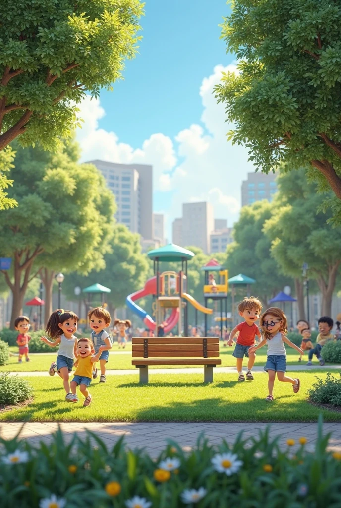 Dog park, running Man, children playing, man with cane, colored ?????