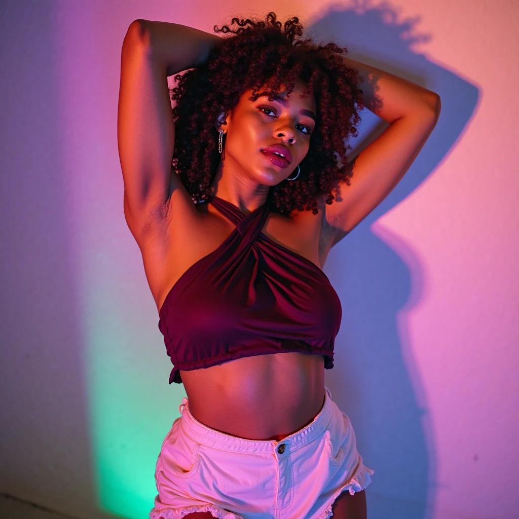 18 year old, surreal latina girl,tan skin, baby face, orgasm, mouth open, sweating, with freckles,hands on head, arched back, side view, hyper realisitc, very Sexy look, provocation, in laboratory, v-cut top and pleaded skirt, night time, magic energy