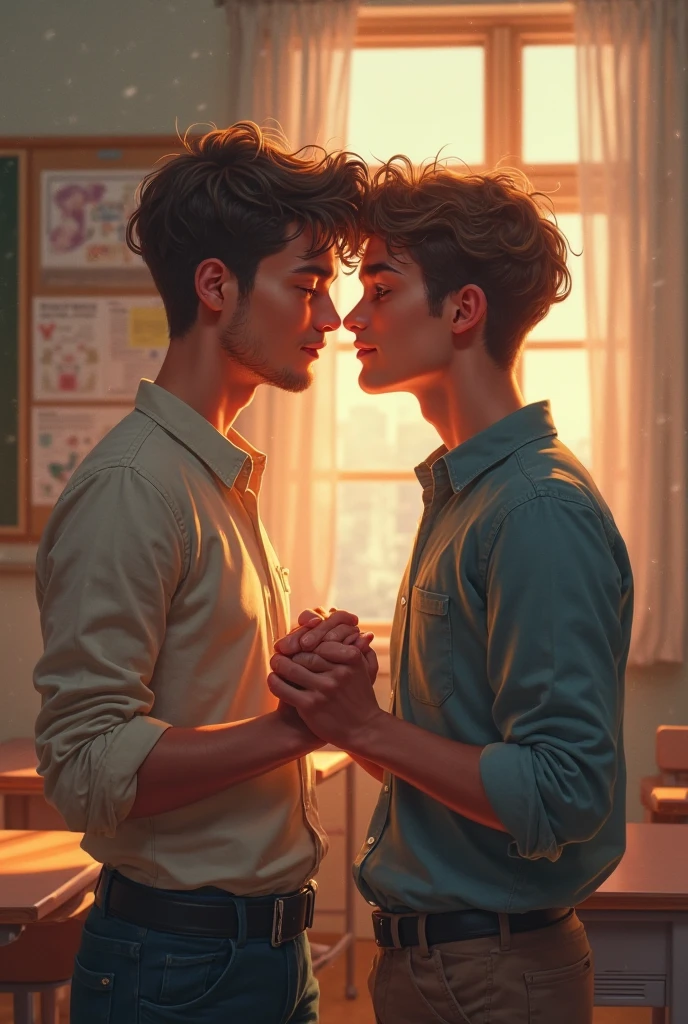 A teacher and a student slowly fall in love and their eyes meet each other during the lesson in class room, both are male