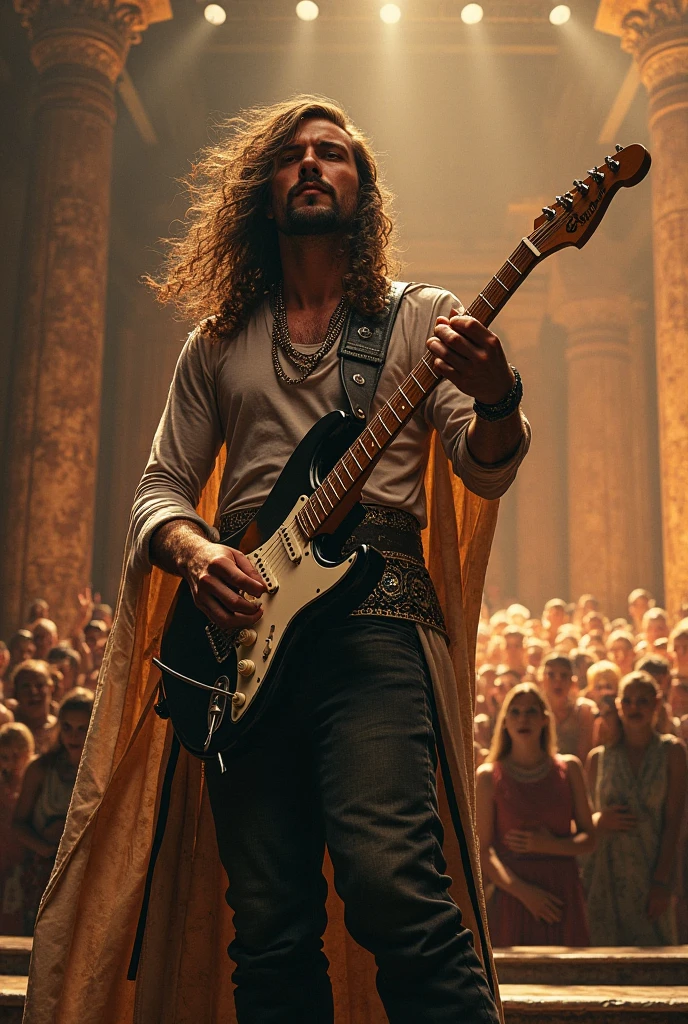 Xerxes768, a rockstar on stage playing electric guitar, photography, trending on artstation, sharp focus, studio photo, intricate details, highly detailed, by greg rutkowski <lora:Xerxes768:0.7>