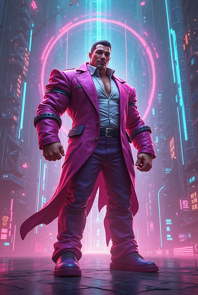 portrait, from side, face focus, high resolution, highres, best quality, 4k. Intricately detailed, amazing details, cyberpunk, young man, pants bulge, walking down the street, neoTokyo, grin, hands in pockets, beautiful eyes, lightly (toned:0.8), handsome, short green hair, stunning eyes, purple eyes, jacket, no shirt, pants, sneakers, belt, watch, neon, night, rain,