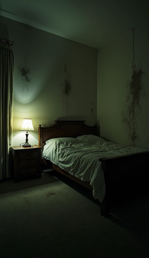 design a room based on this story: Nightmare on Elm Street: Players find themselves locked in a room of the old abandoned house, onde Freddy Krueger, a being that torments dreams, awaits you. With only an hour before he starts terrorizing them, Participants must solve puzzles and overcome challenges that reveal the secrets of the terror that haunts Elm Street.. They need to escape before Freddy turns their fears into reality..

in the bedroom decoration place a bed, autumn leaves scattered on the floor and claw drawings on the walls with blood and fire ash 