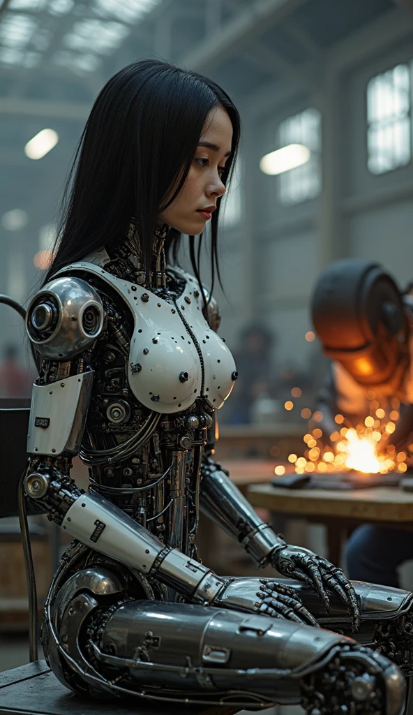Dystopian night scene, hydraulic cylinders, very intricate details, Japanese woman in skeleton-like armor, beautiful face, legs, poses in motion, super realism, realistic photography, taken with Fuji film X-T30+Nokton. HDR10