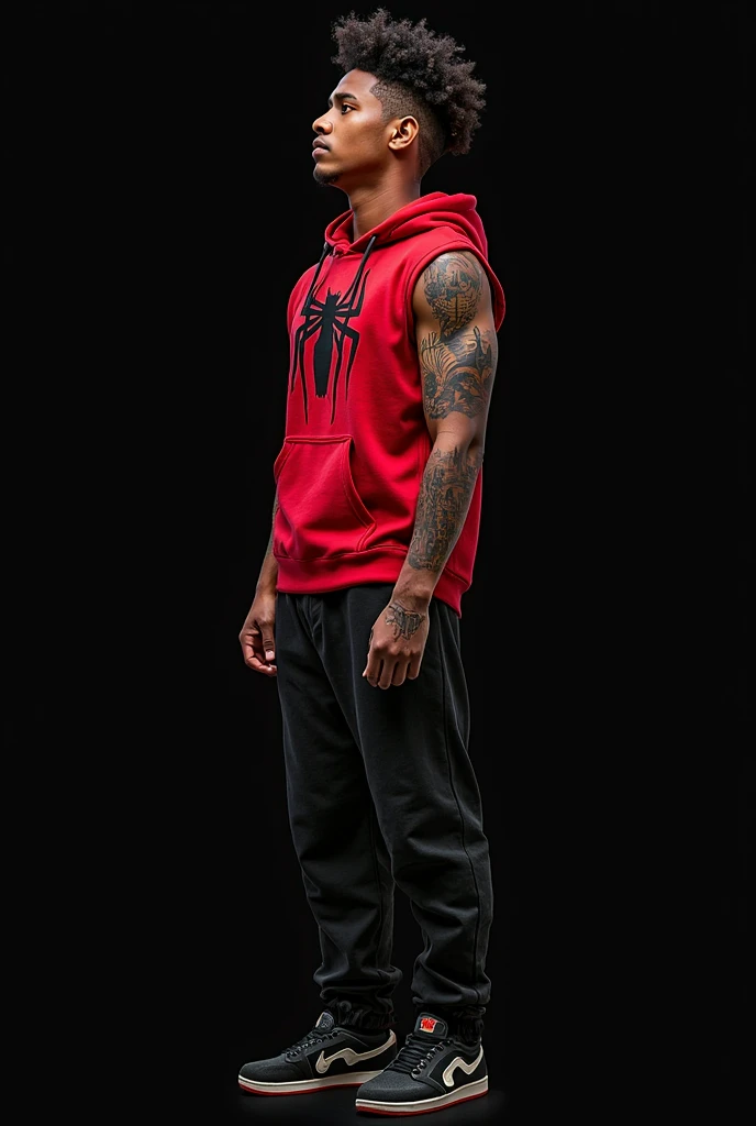 comic spiderman A 23-year-old boy with brown skin, black eyes, and dark brown messy hairstyle. Wear a red cap Wear a red and white shirt, carry a bag, and hip hop pants ,Holding a Persian cat with a fluffy tail