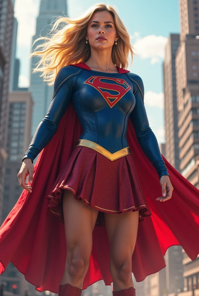 medium shot of 1woman, supergirl, skirt, (m4lc0ck:0.8), solo, outdoors, sky, side lighting, shallow sharp depth of field,(highly detailed),photorealistic, (Masterpiece), (HDR), (8k wallpaper)