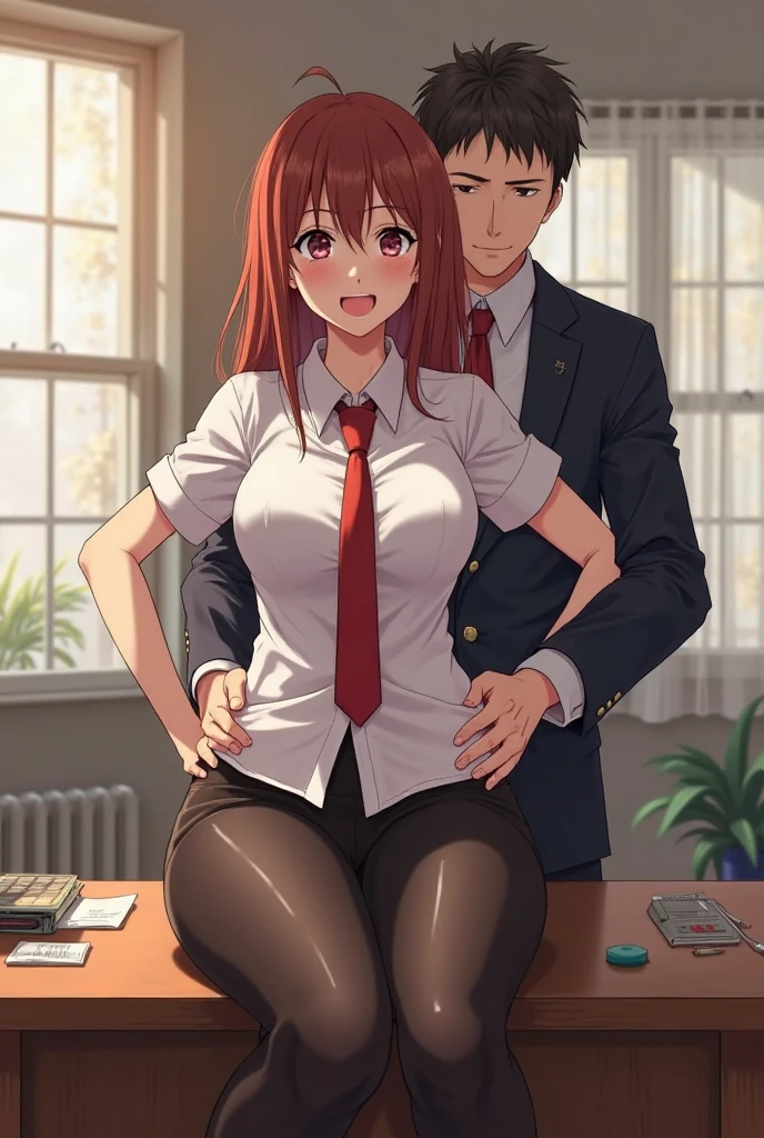NSFW maddie fenton, pixiv artwork, masterpiece, beautiful lighting dominating, lab coat and white tight buttoned dress shirt showing off her curves with black pencil skirt and brown stockings, curvy milf physique and a mature milf body, intimate encounter, pov, orange hair in a bob, straddling you, dominant, very sexy and seductive position, view from above, no panties, no bra, erect nipples, forcing herself on you, horror movie lighting, dramatic light with intense shadows, dimly lit, full body shot, forcing your penis inside her, rapes you, wet pussy, first penetration, missionary position on a table, crazy but sexy look in her eyes, she guides you inside her, taking your virginity, her wet pussy glistening, pussy juices dripping from her vagina