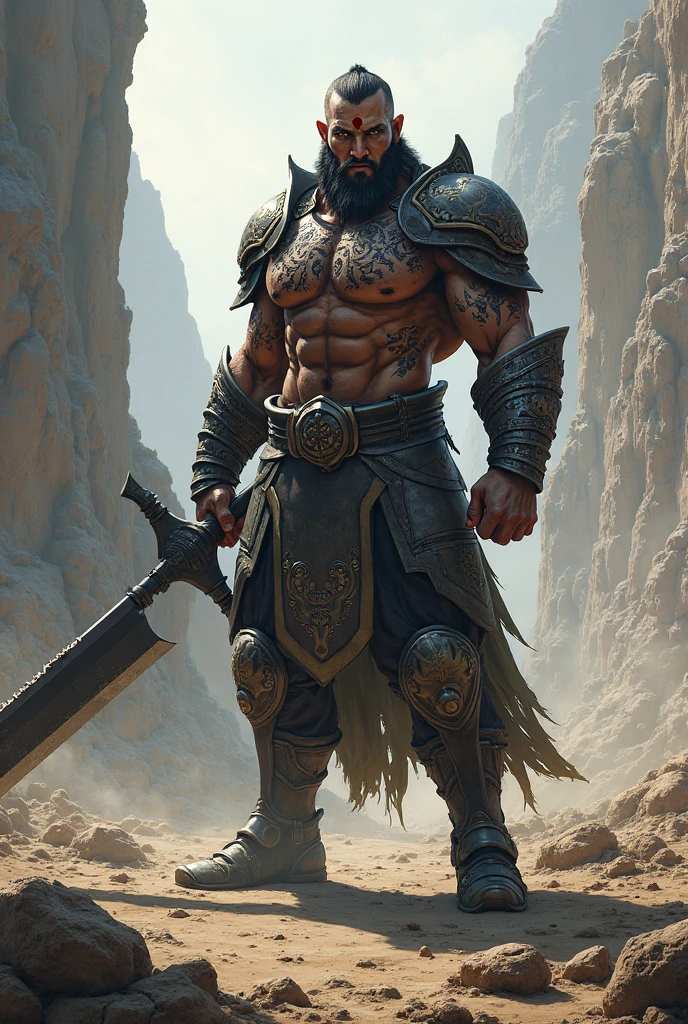 A 3 meter giant with a chain mail shirt chest and a Japanese halberd attack stance
