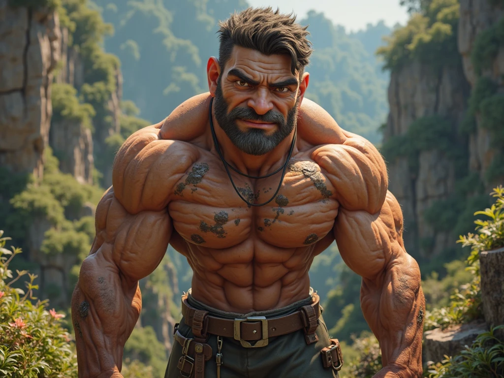 male focus, 1boy, solo, weapon, sword, beard, facial hair, muscular, manly, armor, scar, topless male, jewelry, outdoors, tree, long hair, black hair, necklace, abs, white hair, weapon on back