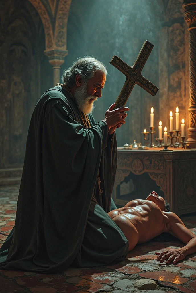 scenery: The setting is an old, gloomy room., with stone walls worn by time. The light is dim, mainly provided by a few candles placed in dark metal candlesticks. Shadows are projected ominously on the walls, creating disturbing figures that seem to move with a life of their own. There is a wooden crucifix hanging on one of the walls., slightly twisted, as if the room itself were under spiritual pressure.
Father Ernesto: El Father Ernesto se encuentra de pie, with his figure somewhat hunched over by physical and emotional exhaustion. He wears a black cassock that sticks to his skin due to sweat.. His hands tremble slightly as he holds a silver crucifix., which rises towards the possessed. His face reflects a mixture of fear, faith and determination. Sweat runs down his forehead and falls onto his cheeks.. His lips are chapped from the constant recitation of prayers, but his eyes, despite the fatigue, shine with a light of conviction.
Possessed Figure: The possessed figure lies on an old wooden bed, with the sheets torn and disheveled. The body is tangled in an unnatural position, the twisted and tense limbs. The person's skin appears pale, with visible veins and eyes that reflect an abysmal darkness. The mouth is open, emitting screams of deep pain and rage, mixed with words in an ancient and unknown language. Around the bed, There are signs of struggle: overturned furniture, A broken table and broken glass scattered on the floor.
Supernatural Details: The air in the room seems heavy, almost tangible, with a dark aura hanging over everything. In the darkest corners of the room, There seem to be barely visible figures, shadows that move irregularly. Cada vez que el Father Ernesto eleva el crucifijo o pronuncia el nombre de Dios, The shadows seem to recede momentarily, but then they come closer to us