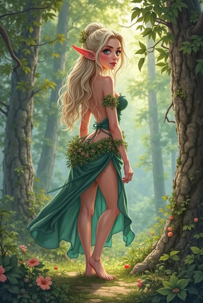rubenesque elf, standing in a forest glade, small brook, woman