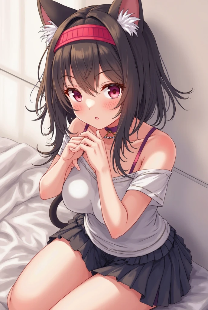 Sitting in bed , taking off her dress showing her black panties