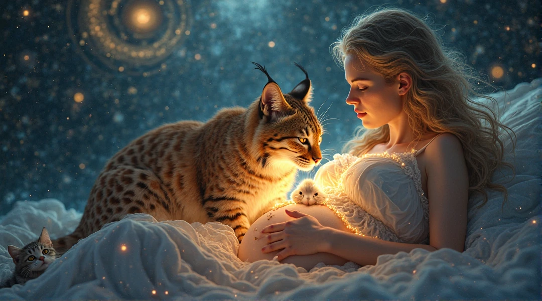 A humanoid havana wearing red saree pregnant red cat, preparing a warm, cozy nest in a small, rustic home as a storm rages outside